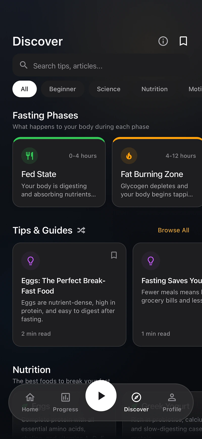The fasting phases and Discover guides in Fastn