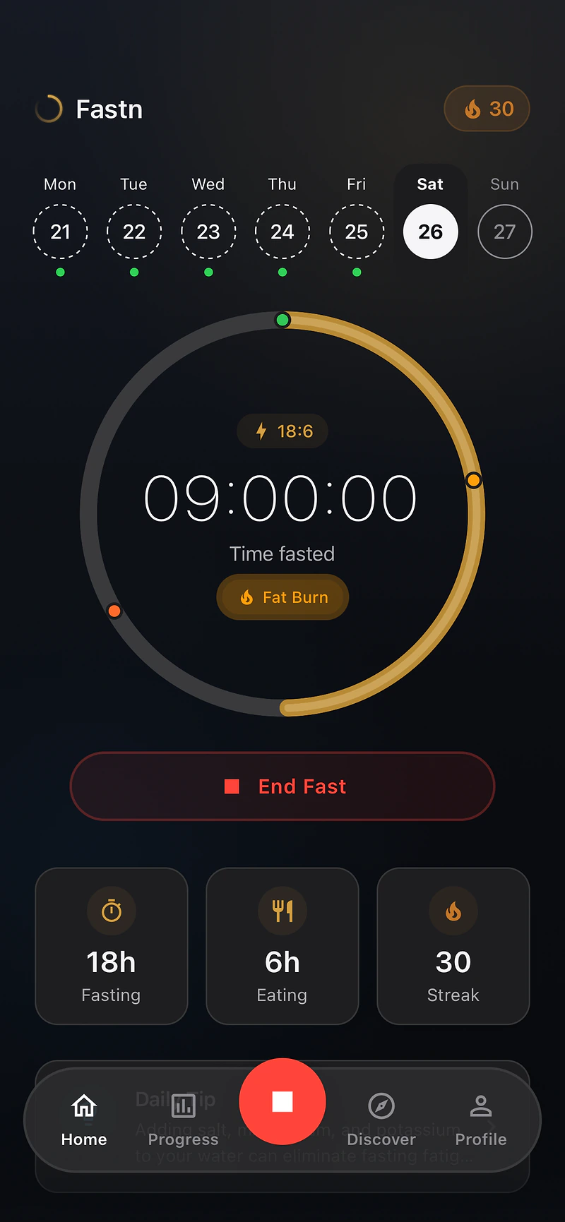 Fastn home screen: the amber timer ring, time fasted and fasting goal